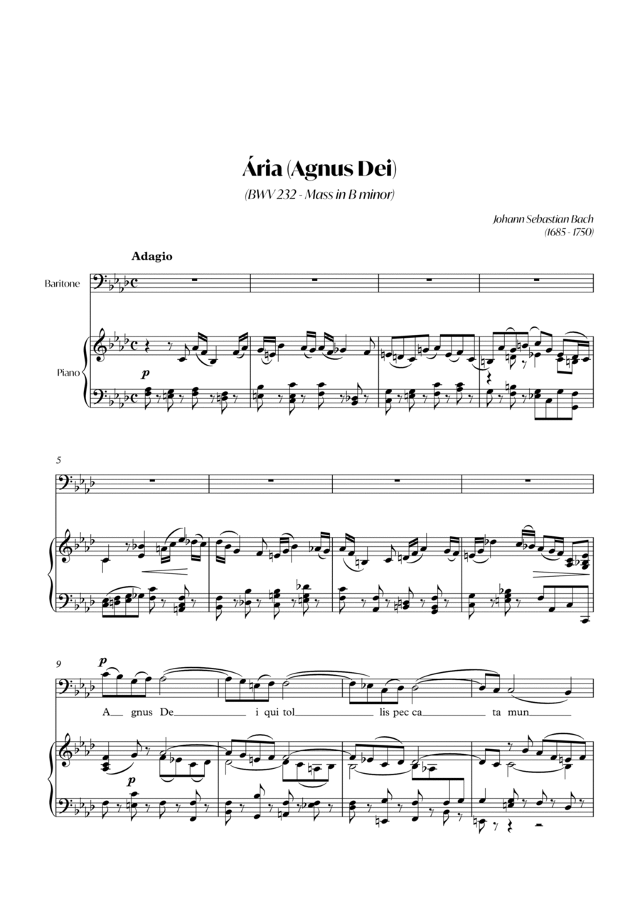 Aria (Agnus dei) from the Mass in B Minor (BACH) - Baritone_Fm Piano, Vocal, Guitar scores gallery preview page 1