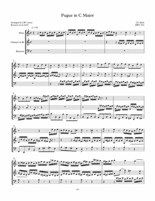 Book cover for Fugue in C, BWV 953, by J.S. Bach, arranged for Flute, Clarinet & Bassoon