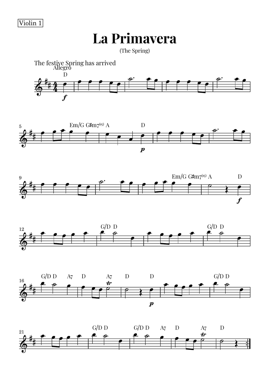 La Primavera (The Spring) by Vivaldi - String Quartet with Chord Notations String Quartet scores gallery preview page 3