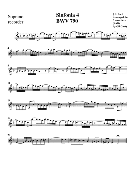 Sinfonia (Three part invention) no.4, BWV 790 (arrangement for 3 recorders)