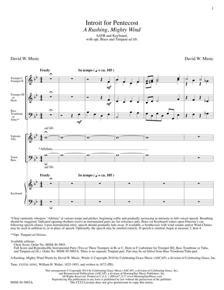 Introit for Pentecost A Rushing, Mighty Wind (Full Score & Instrumental Parts)