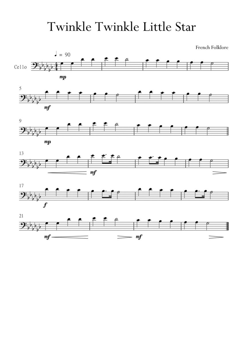 Twinkle Twinkle Little Star for Cello (Violoncello) in Gb Major. Very Easy. image number null