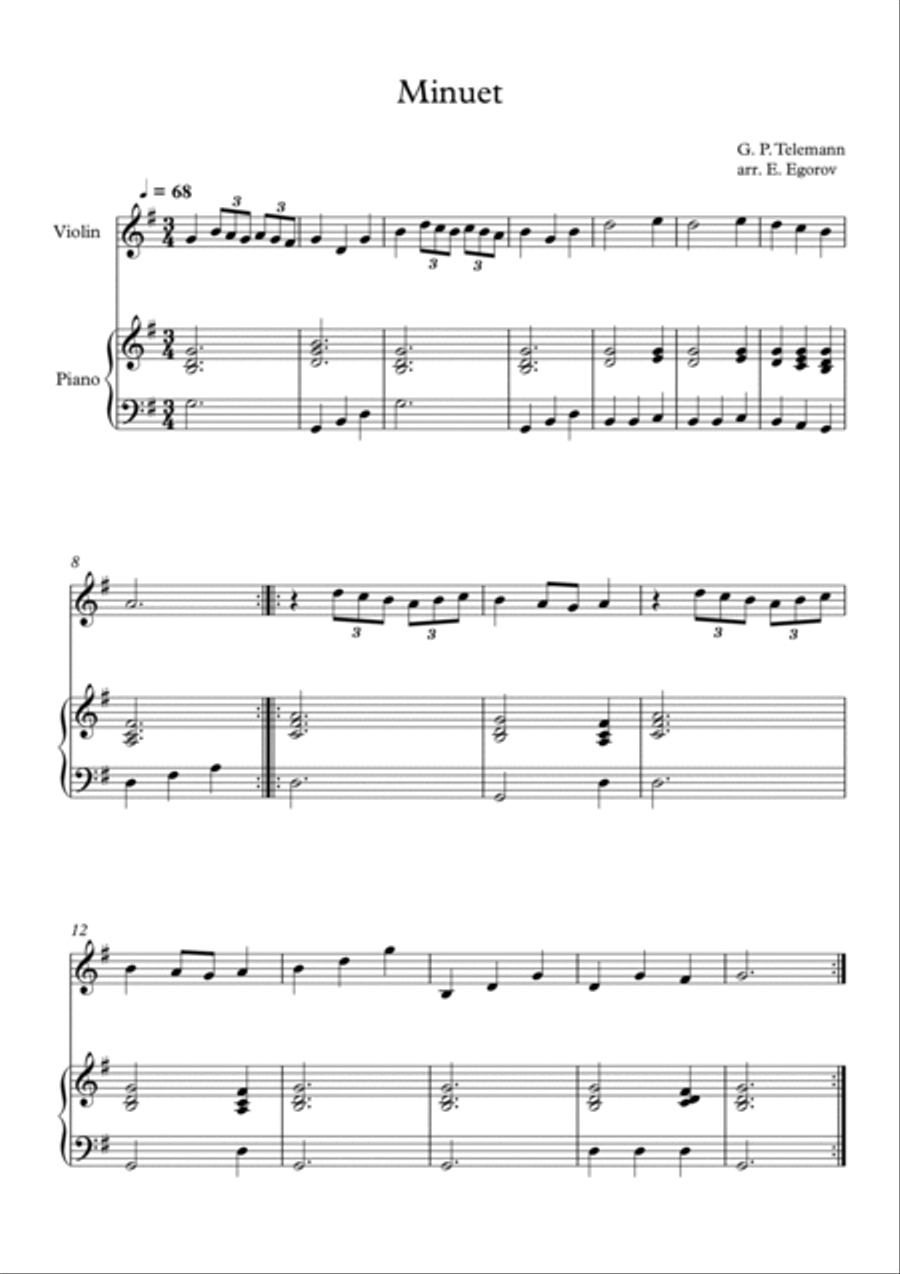 Minuet, Georg Philipp Telemann, For Violin & Piano Violin Solo scores gallery preview page 1