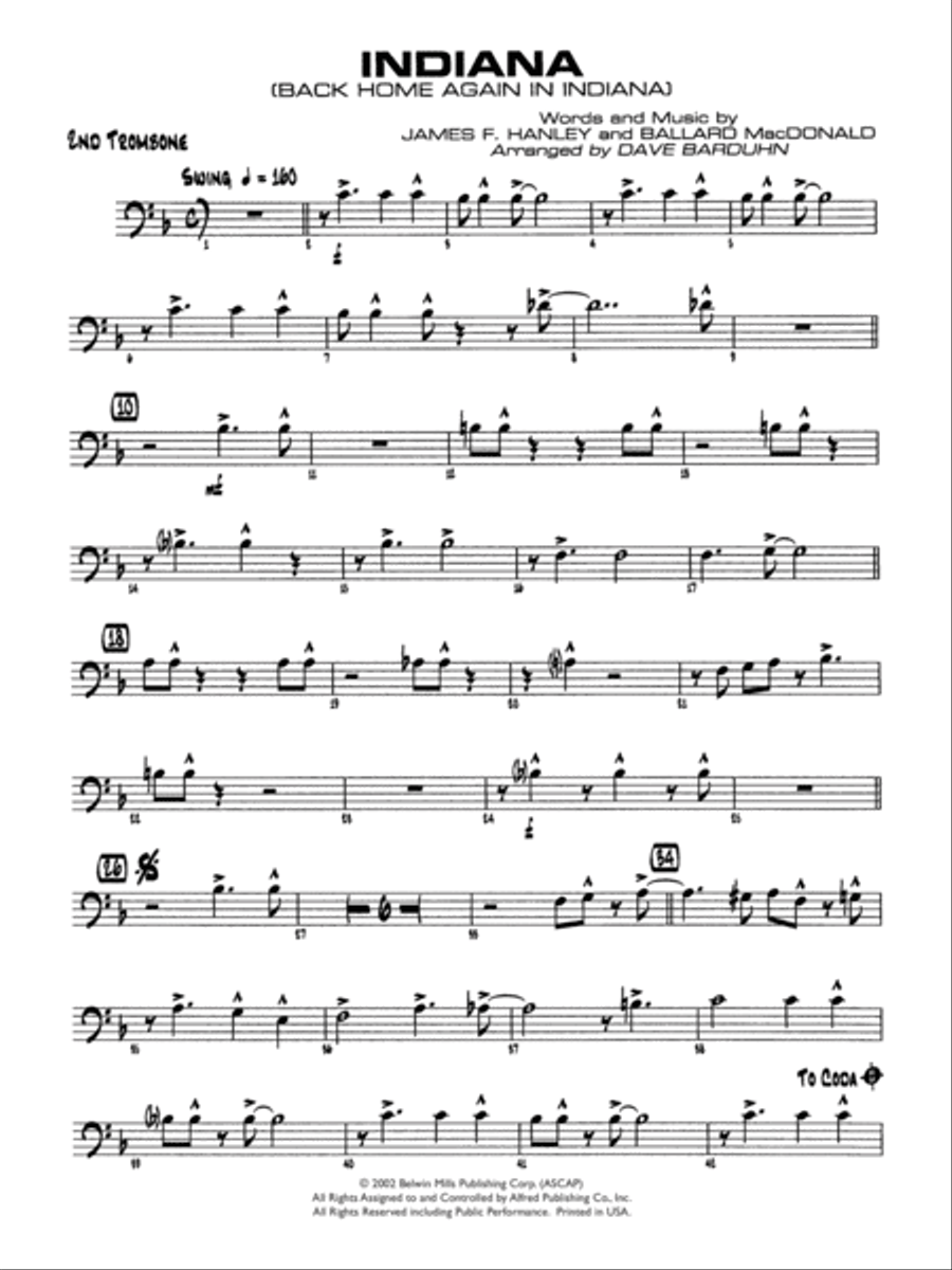 Indiana (Back Home Again in Indiana) 2nd Trombone by James F. Hanley