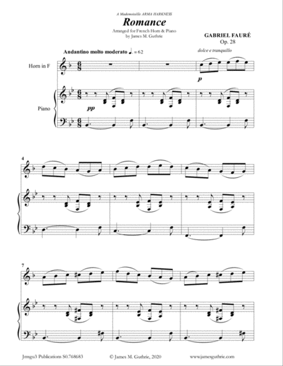Fauré: Romance Op. 28 for French Horn & Piano Horn scores gallery preview page 1
