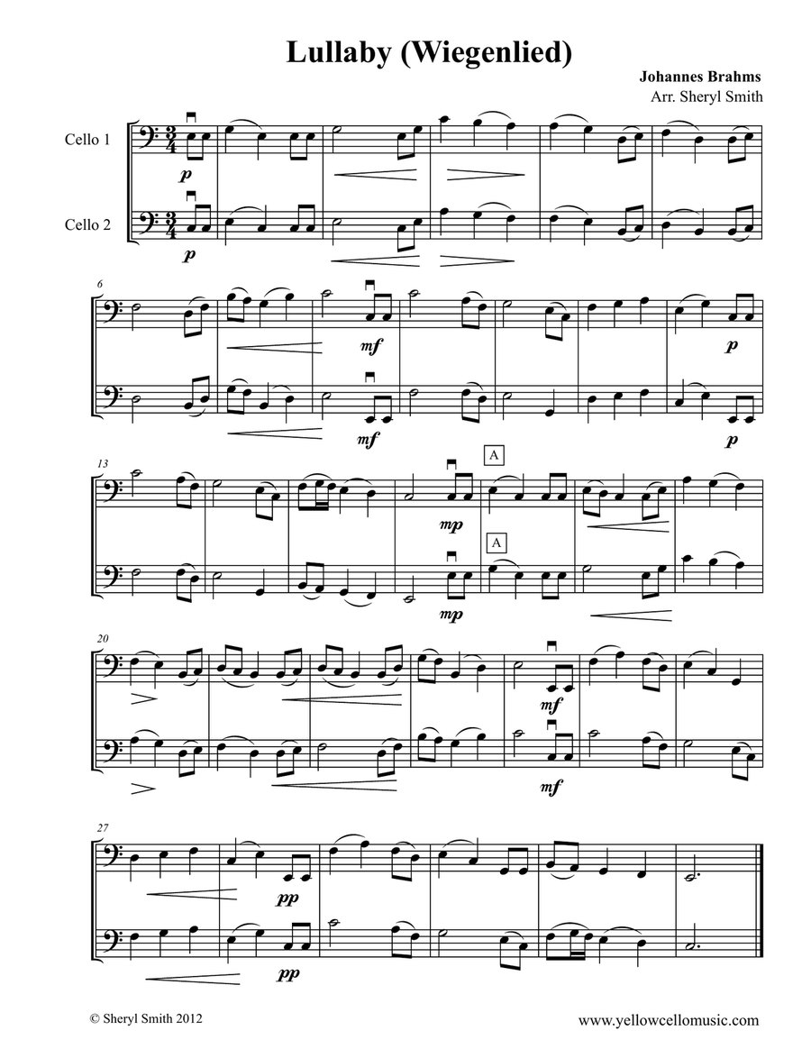Brahms Lullaby (Wiegenlied) for two beginner cellos, cello duet, celli String Duet scores gallery preview page 1