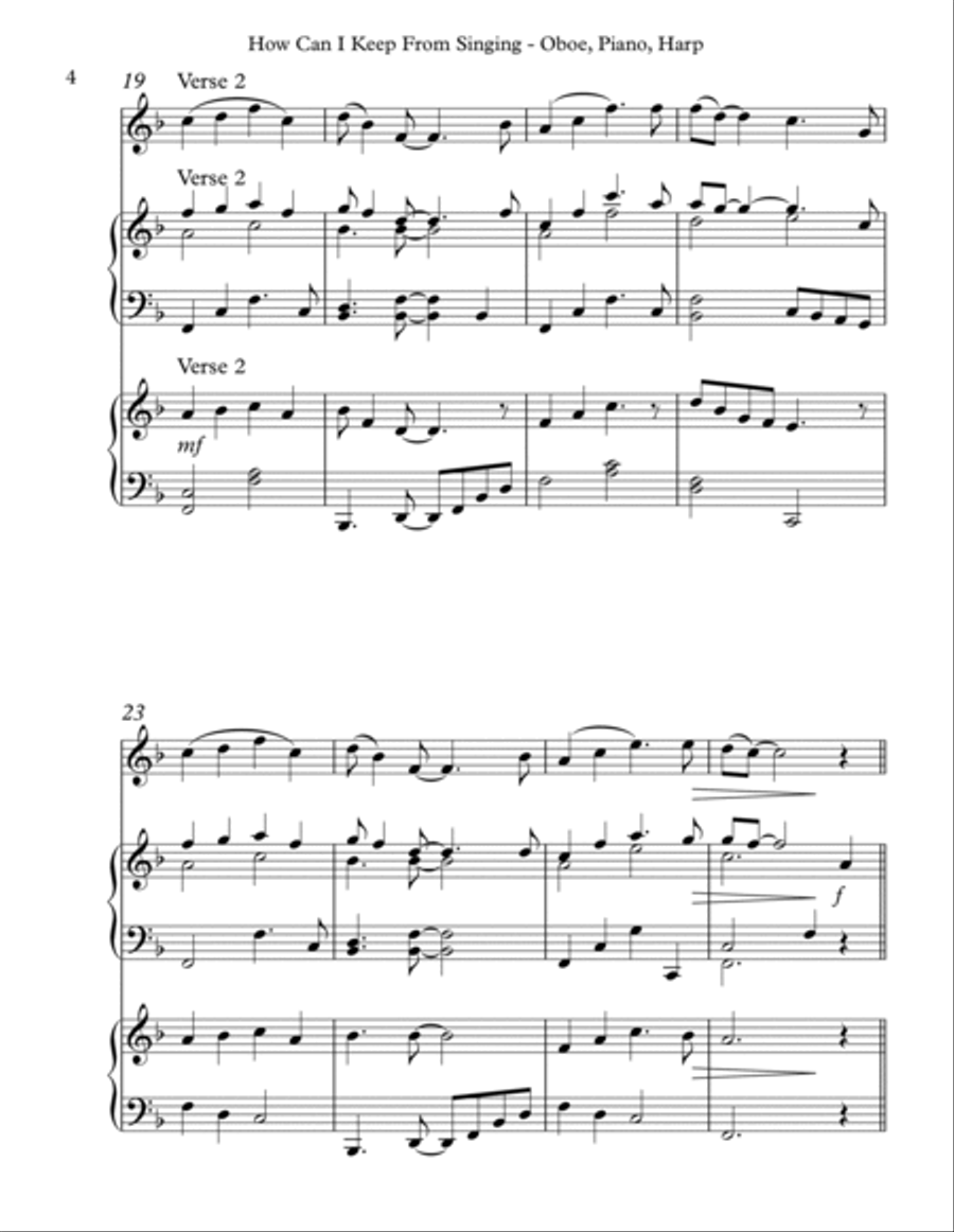 How Can I Keep From Singing, Trio for Oboe, Piano & Harp Pedal Harp scores gallery preview page 4