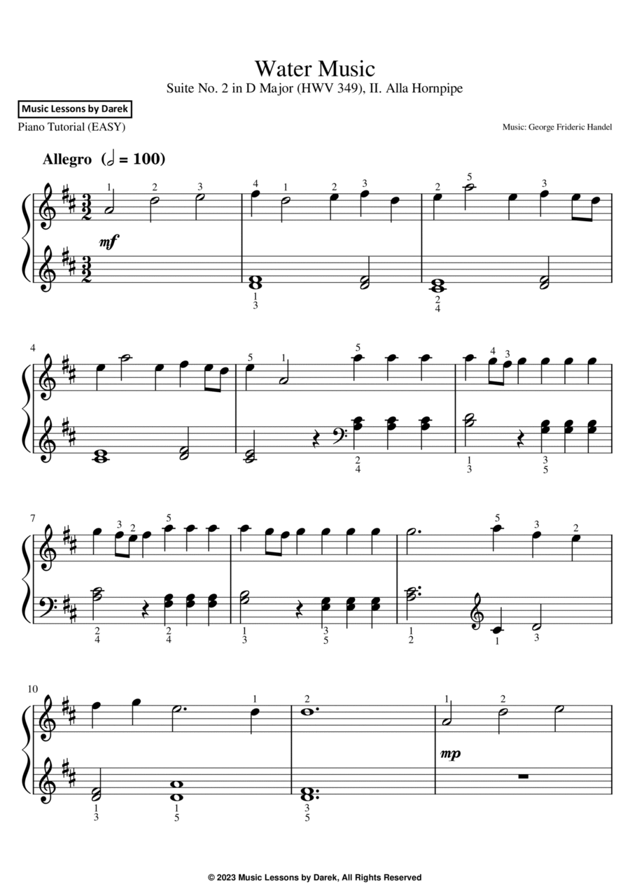 Water Music (EASY PIANO) Suite No. 2 in D Major (HWV 349) II. Alla Hornpipe [George Frideric Handel] Easy Piano scores gallery preview page 1