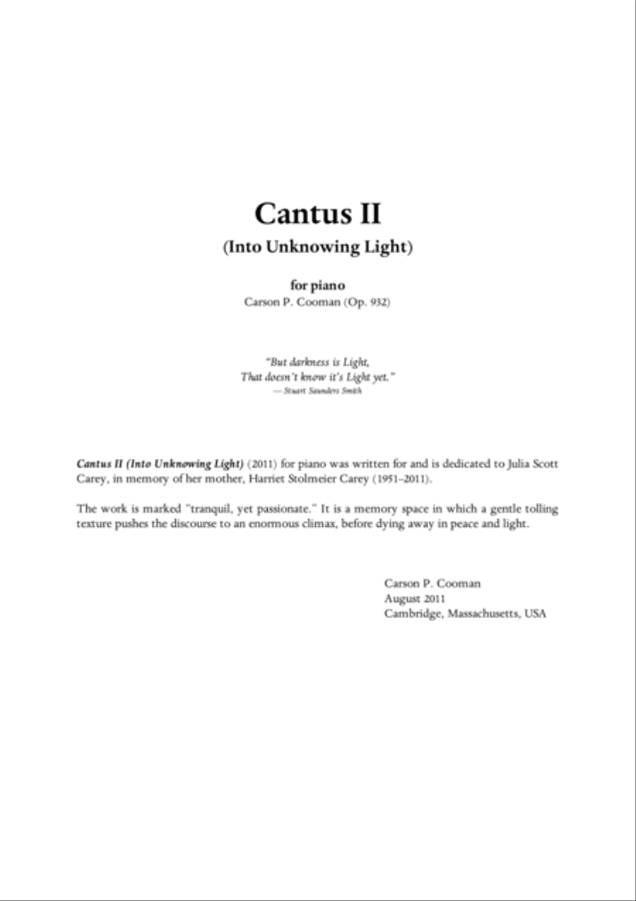Carson Cooman - Cantus II (Into Unknowing Light) (2011) for piano Piano Solo scores gallery preview page 1