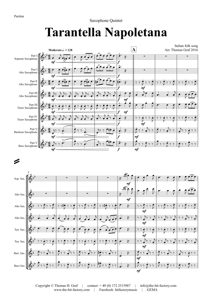 Tarantella Napoletana - Italian Folk Song - Saxophone Quintet Saxophone Quintet scores gallery preview page 1
