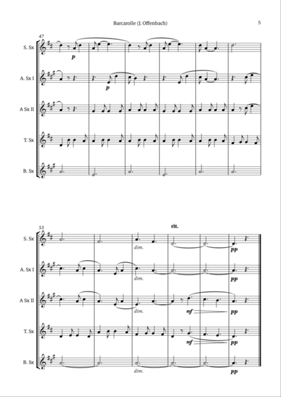 Barcarolle - Belle Nuit, O Nuit D'Amour Saxophone Quintet scores gallery preview page 5
