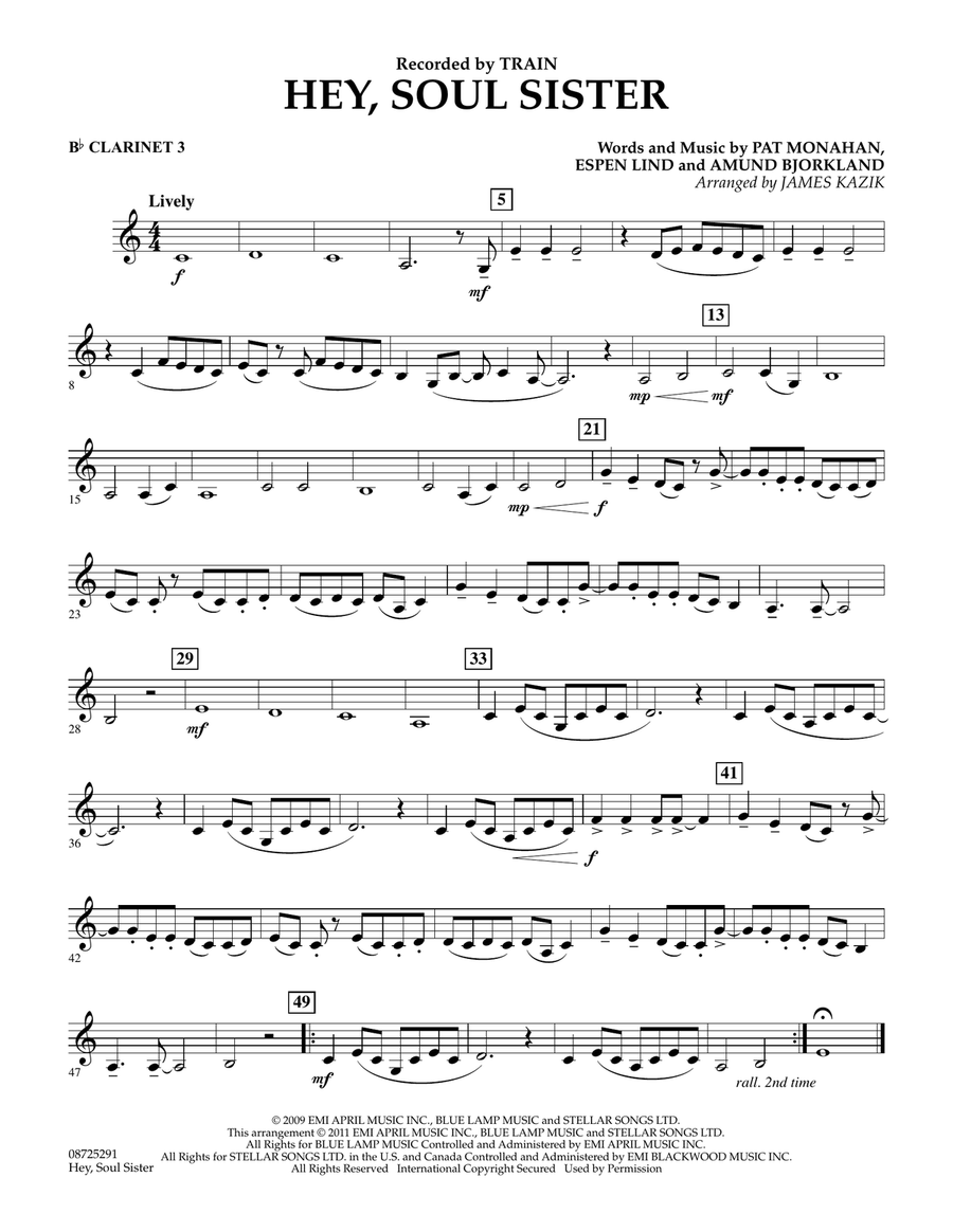 Hey, Soul Sister - Bb Clarinet 3 Concert Band scores gallery preview page 1