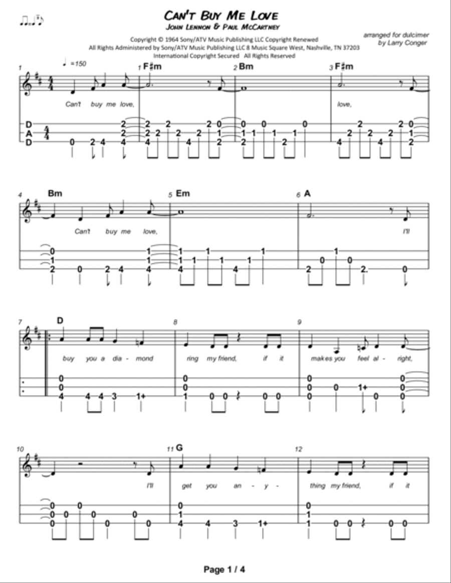 Can't Buy Me Love Dulcimer scores gallery preview page 2