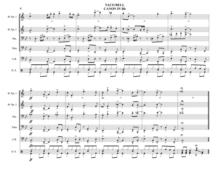 TACO BELL CANON IN Bb - Brass Quartet with optional Acoustic Bass and Drum Set parts - Bossa Nova Small Ensemble scores gallery preview page 6