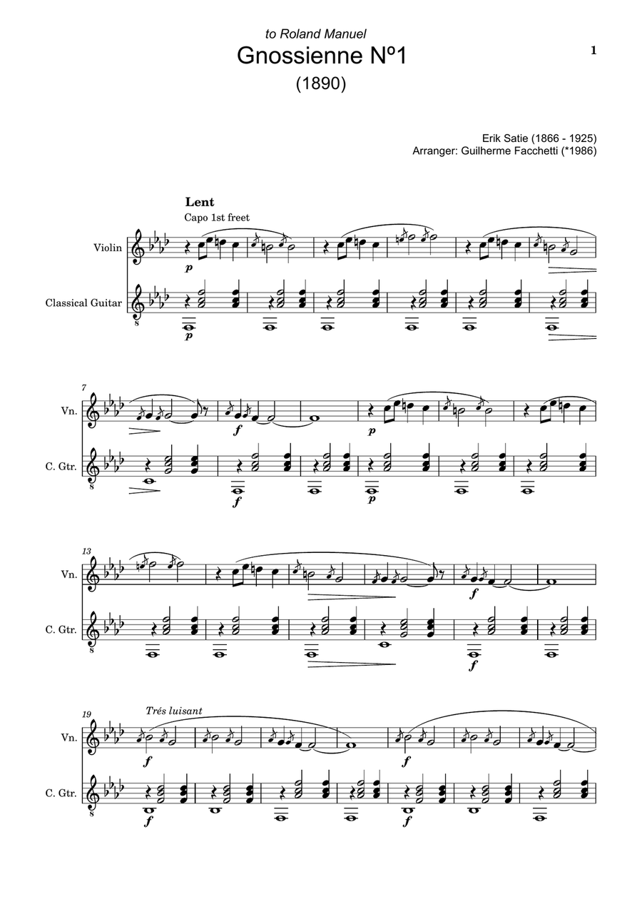 Erik Satie - Six Gnossiennes. Three Gymnopédies. Arrangement for Violin and Classical Guitar. String Duet scores gallery preview page 1
