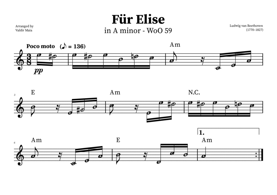Fur Elise (+CHORDS) | WITH NOTE NAMES Easy Piano scores gallery preview page 1