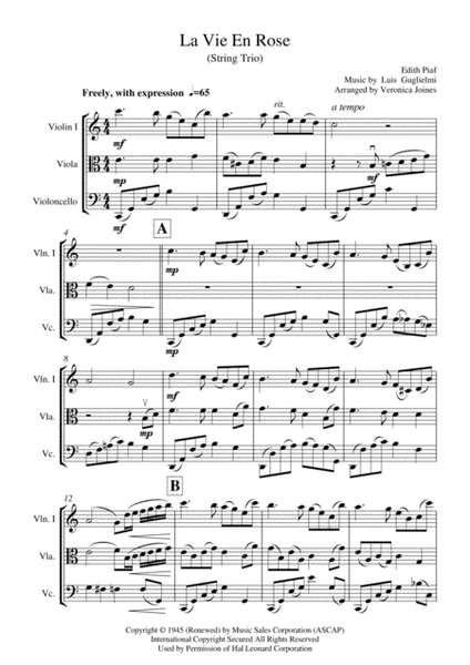 La Vie En Rose for String Trio (with optional Violin 2 part) image number null