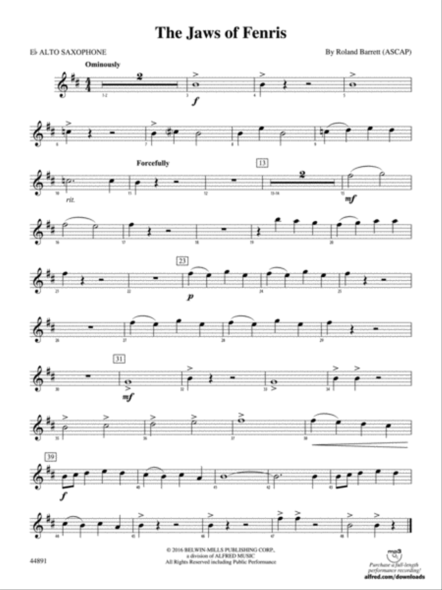 The Jaws of Fenris: E-flat Alto Saxophone Concert Band scores gallery preview page 1