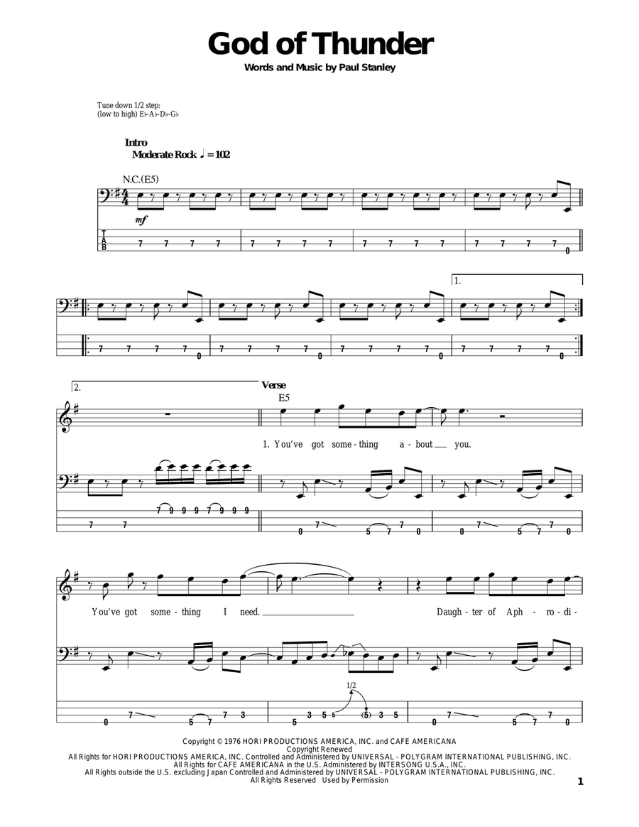 God Of Thunder Bass Guitar Tablature scores gallery preview page 1