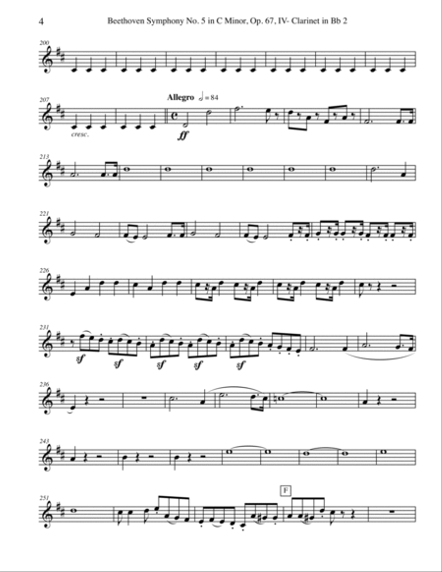 Beethoven Symphony No. 5, Movement IV - Clarinet in Bb 2 (Transposed Part), Op. 67 B-Flat Clarinet scores gallery preview page 4