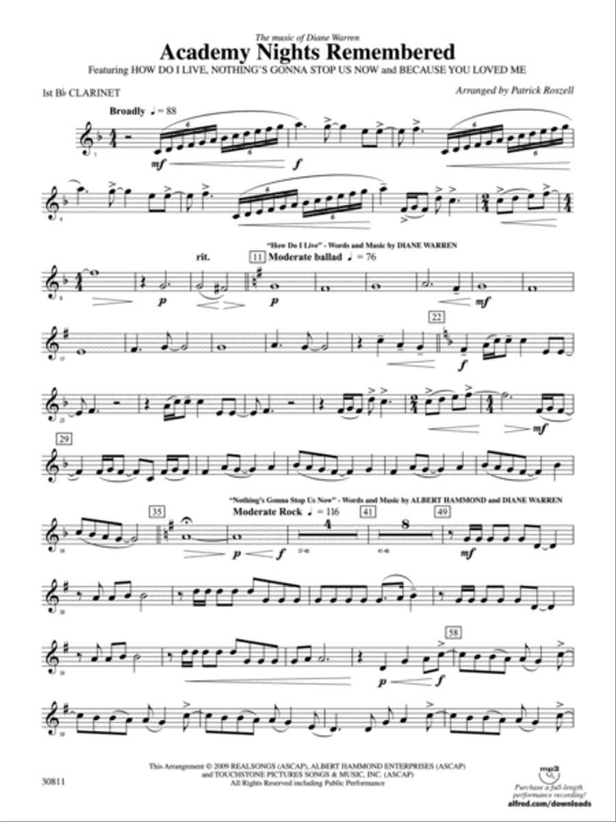 Academy Nights Remembered (The Music of Diane Warren): 1st B-flat Clarinet Concert Band scores gallery preview page 1