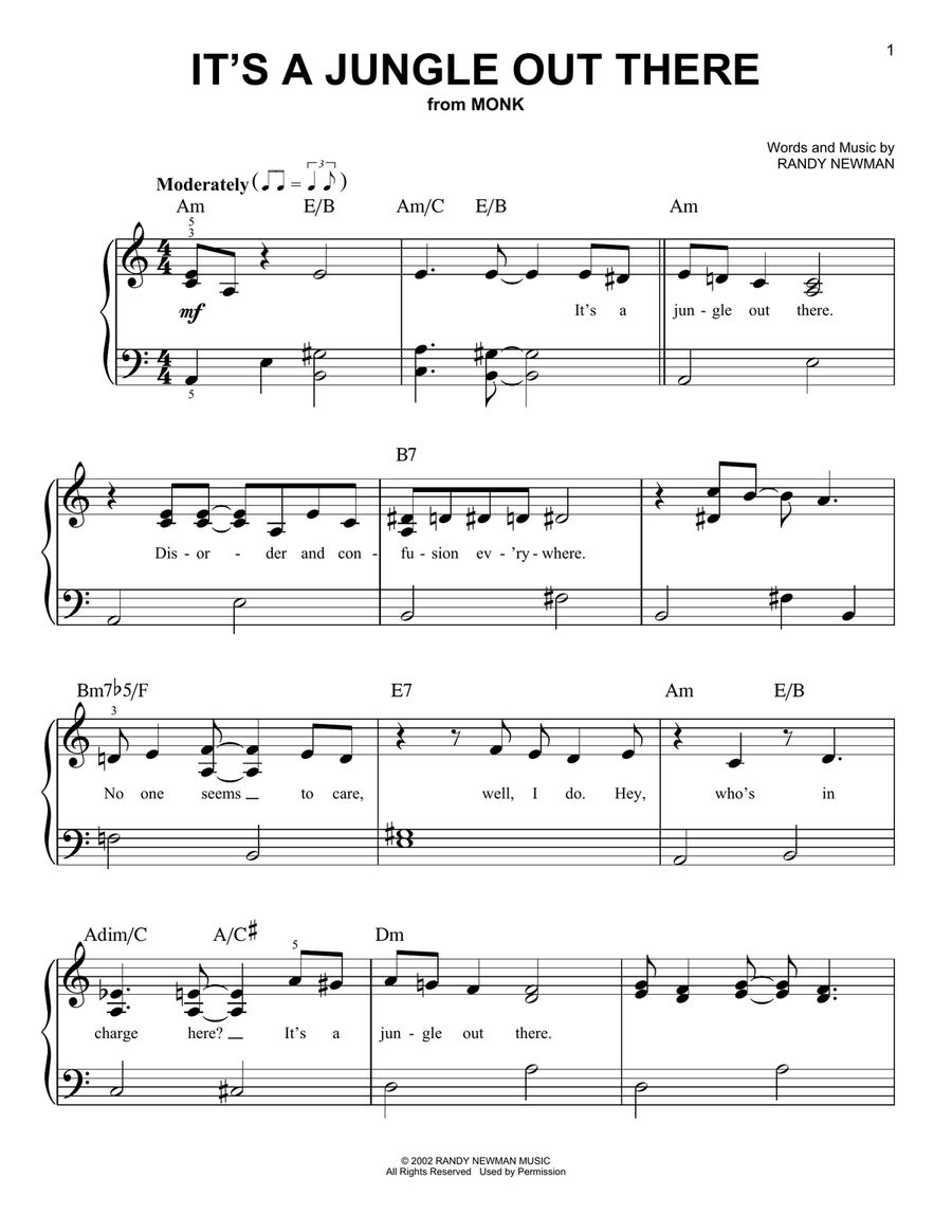 It's A Jungle Out There (from Monk) Easy Piano scores gallery preview page 1