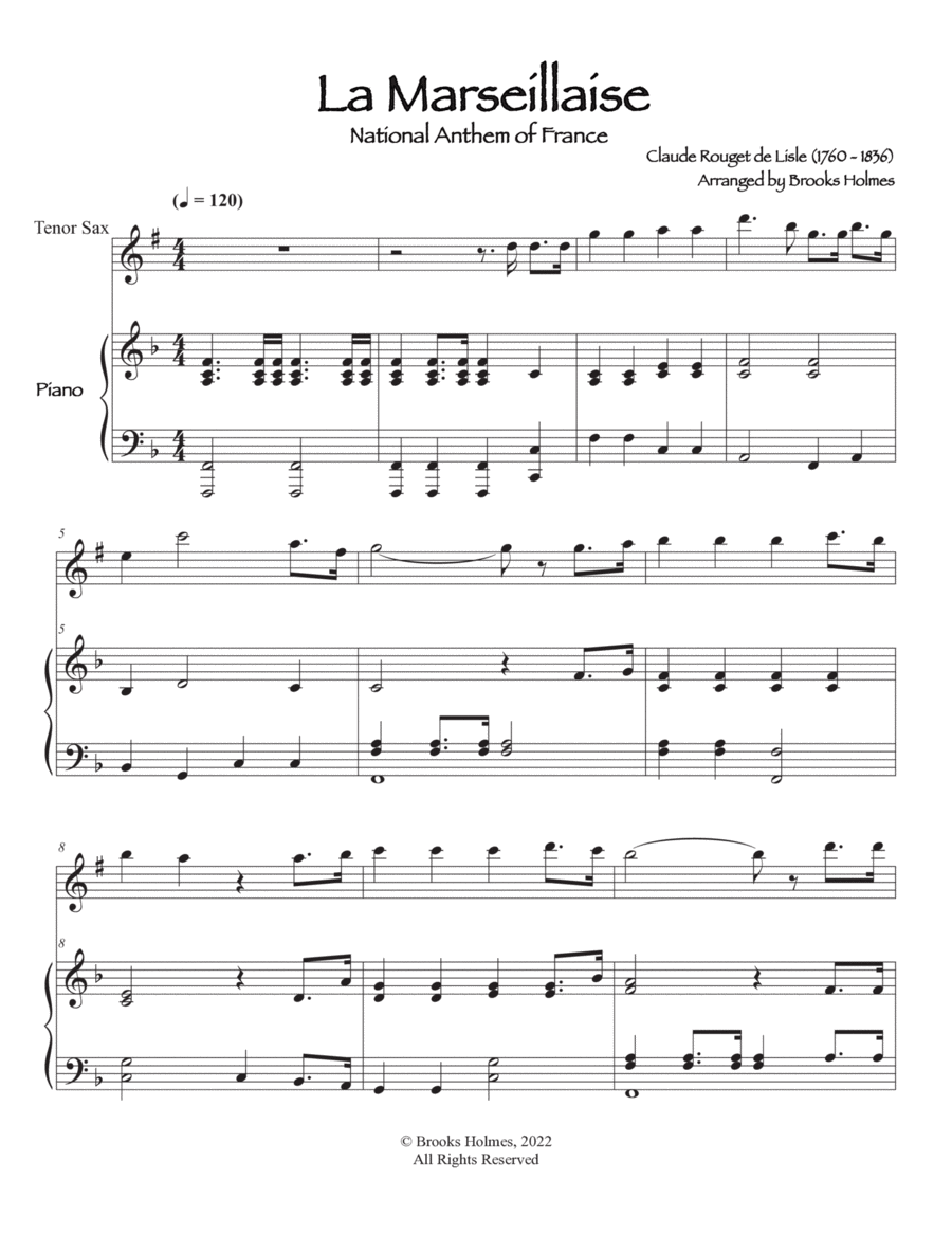French National Anthem (La Marseillaise) Tenor Sax & Piano Tenor Saxophone scores gallery preview page 1