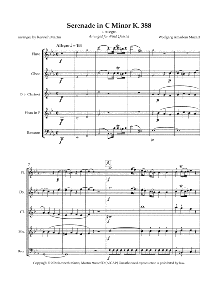 1. Allegro from Serenade in C Minor, K. 388 for Wind Quintet image number null