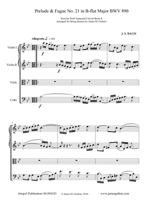 BACH: Prelude & Fugue No. 21 in B-flat Major, BWV 890 for String Quartet