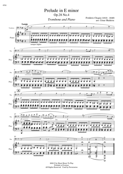 Prelude in E minor by Chopin - Trombone and Piano (Full Score and Parts) image number null