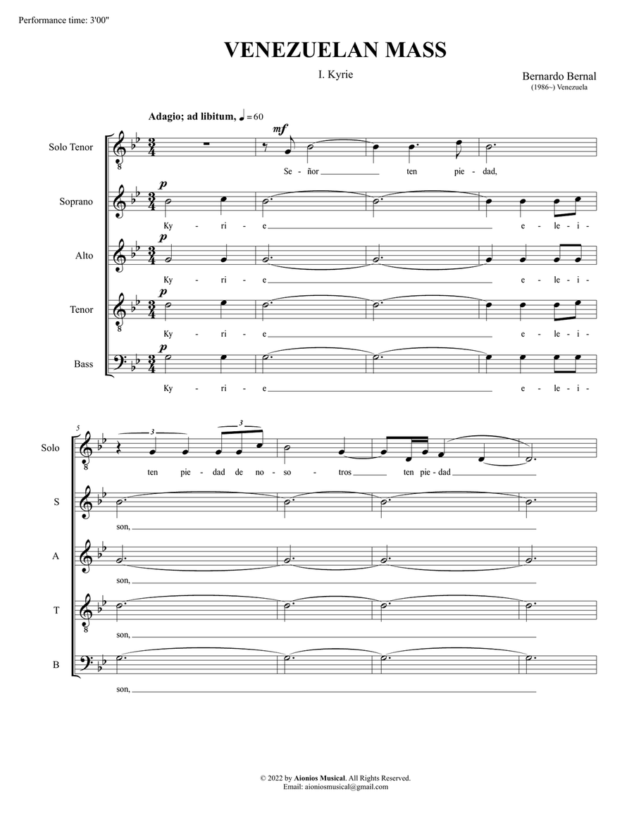 Venezuelan Mass - I. Kyrie - Solo Tenor and SATB a capella 4-Part scores gallery preview page 3