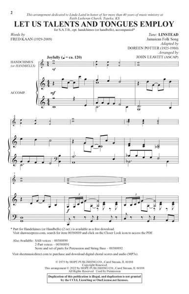 Let Us Talents And Tongues Employ (arr. John Leavitt) by Jamaican Folk Song 4-Part - Digital Sheet Music