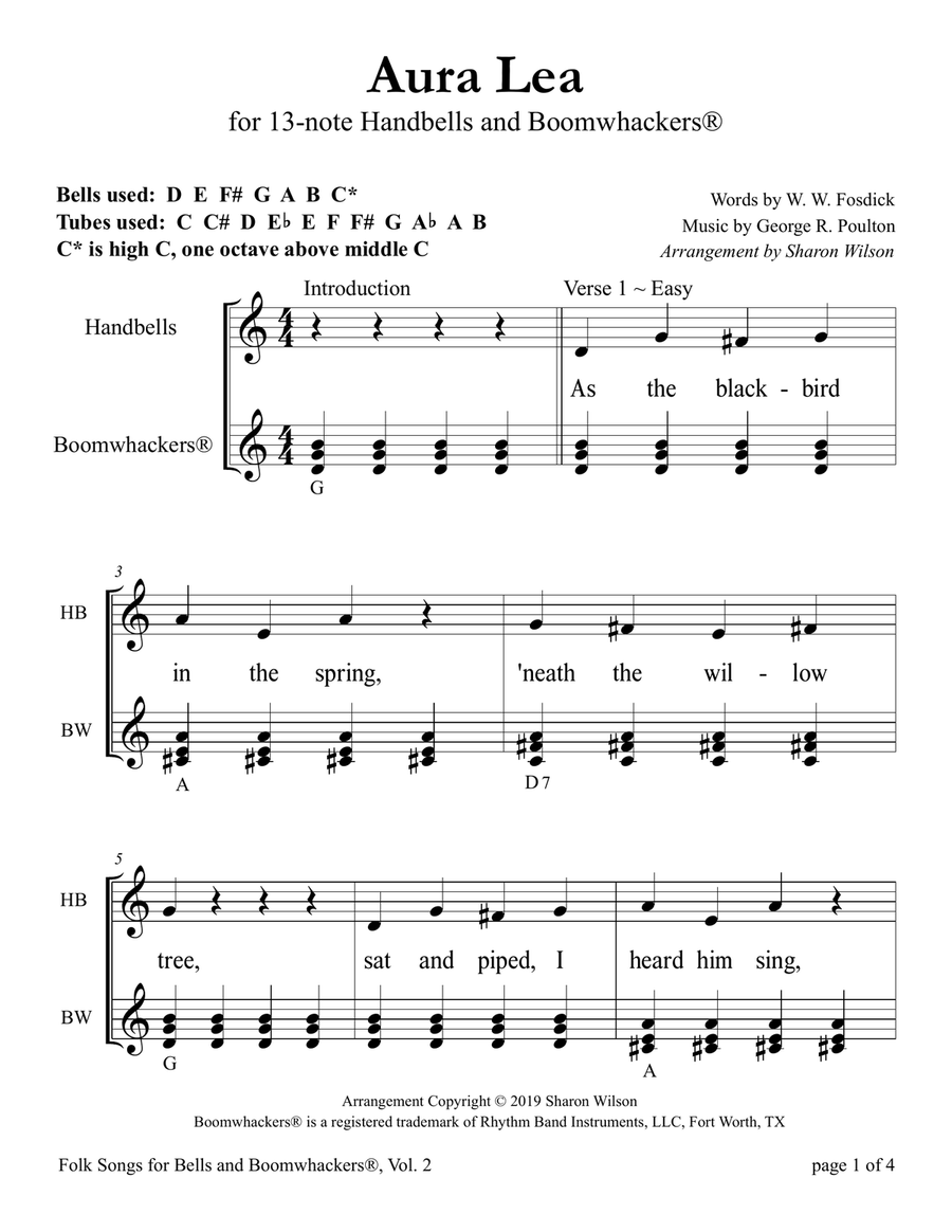 Aura Lea (for 13-note Bells and Boomwhackers with Black and White Notes) Handbell Choir scores gallery preview page 5