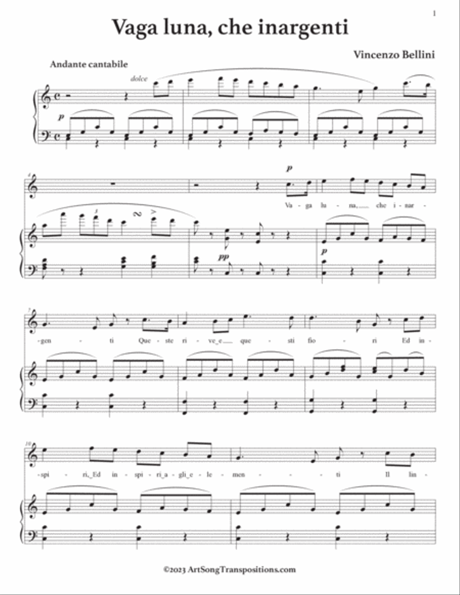 BELLINI: Vaga luna, che inargenti (transposed to C major, B major, and B-flat major) Voice scores gallery preview page 2
