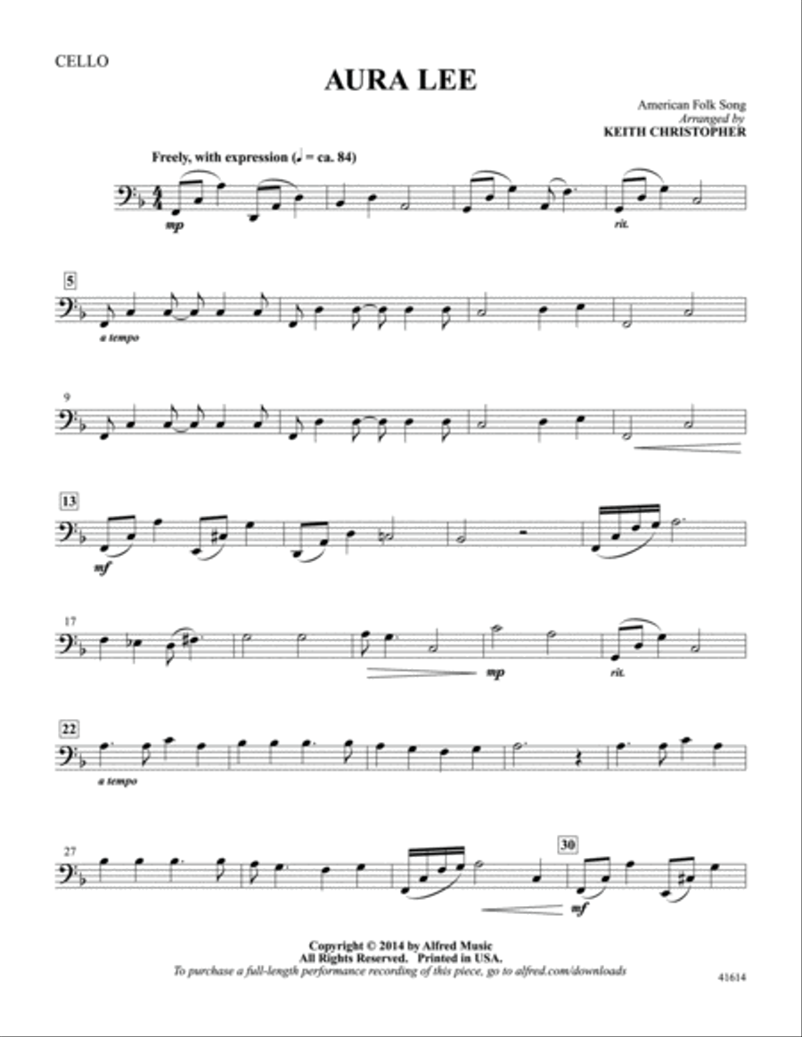 Aura Lee: Cello Aura Lee: Cello Part scores gallery preview page 1