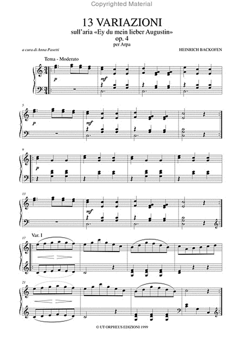 13 Variations on the Air "Ey du mein lieber Augustin" Op. 4 (Hamburg 1801) for Harp