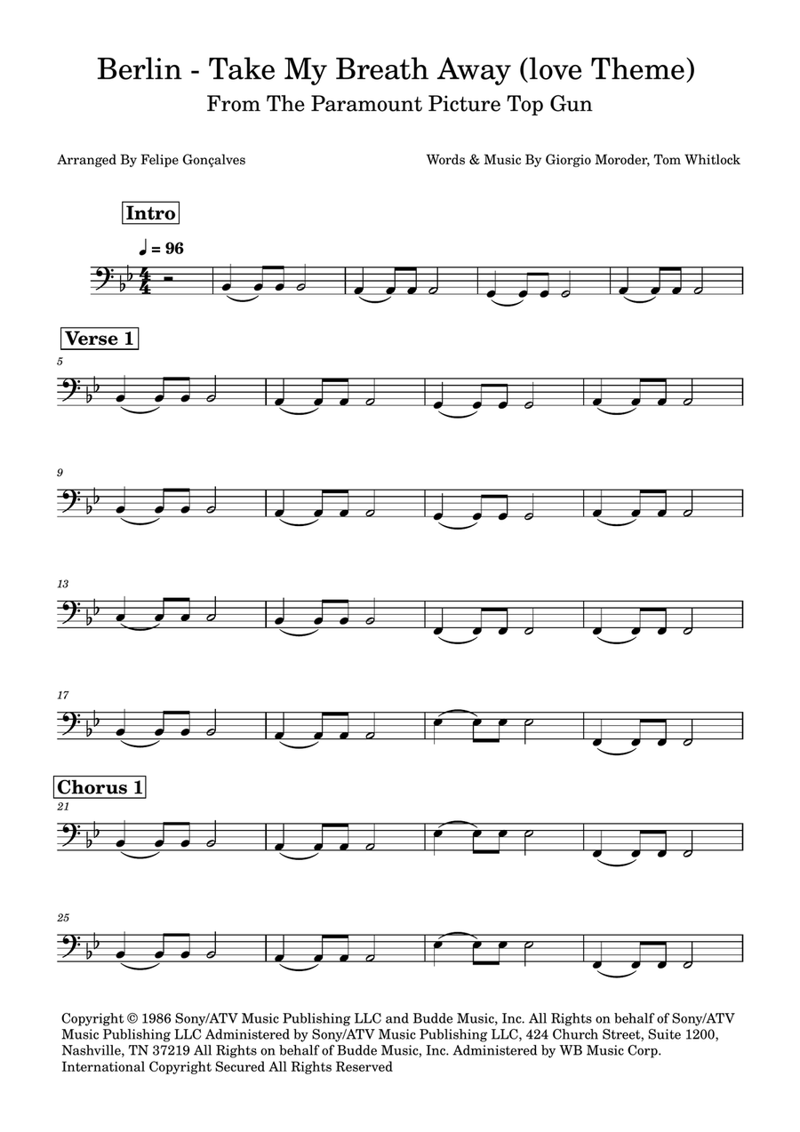 Take My Breath Away (Love Theme) Double Bass scores gallery preview page 1