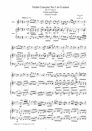 Book cover for Vivaldi - Violin Concerto in G minor RV 317 Op.12 No.1 for Violin and Piano