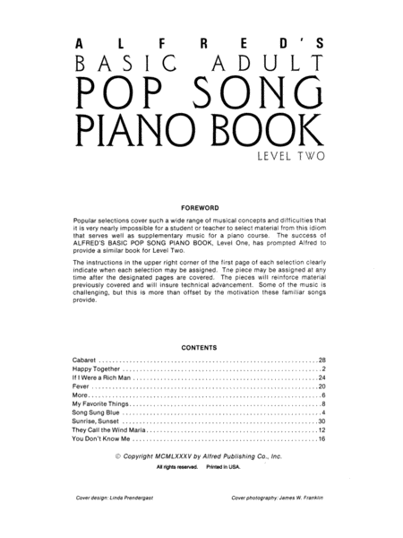 Alfred's Basic Adult Piano Course Pop Song Book, Book 2