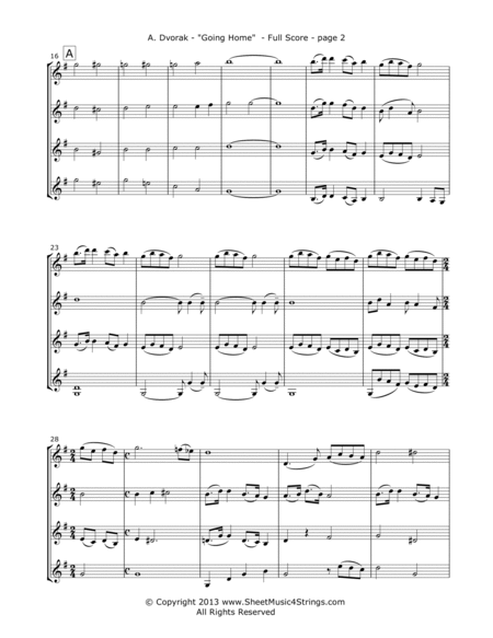 Dvorak, A. - "Going Home" from the New World Symphony for 4 Violins image number null