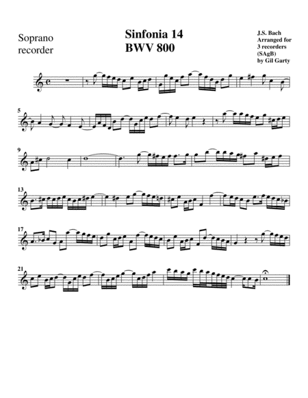 Sinfonia (Three part invention) no.14, BWV 800 (arrangement for 3 recorders)