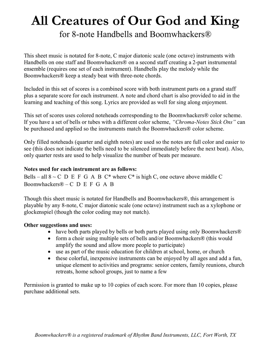 All Creatures of Our God and King (for 8-note Bells and Boomwhackers® with Color Coded Notes) Handbell Choir scores gallery preview page 2