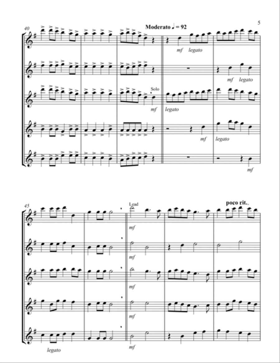 Simple Gifts ('Tis the Gift to Be Simple) (F) (Tenor Saxophone Quintet) Saxophone Quintet scores gallery preview page 5