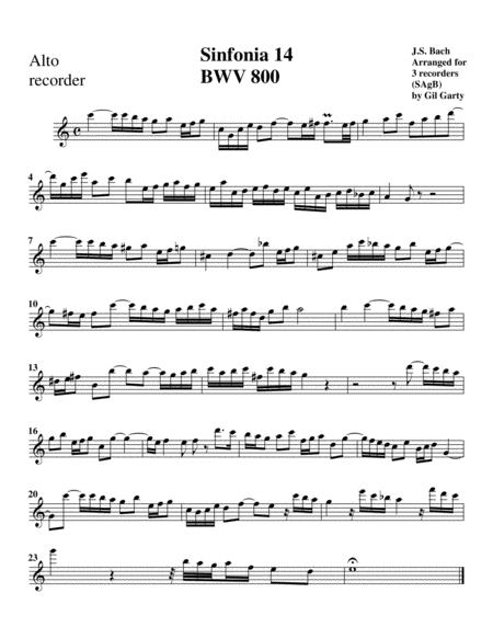 Sinfonia (Three part invention) no.14, BWV 800 (arrangement for 3 recorders)