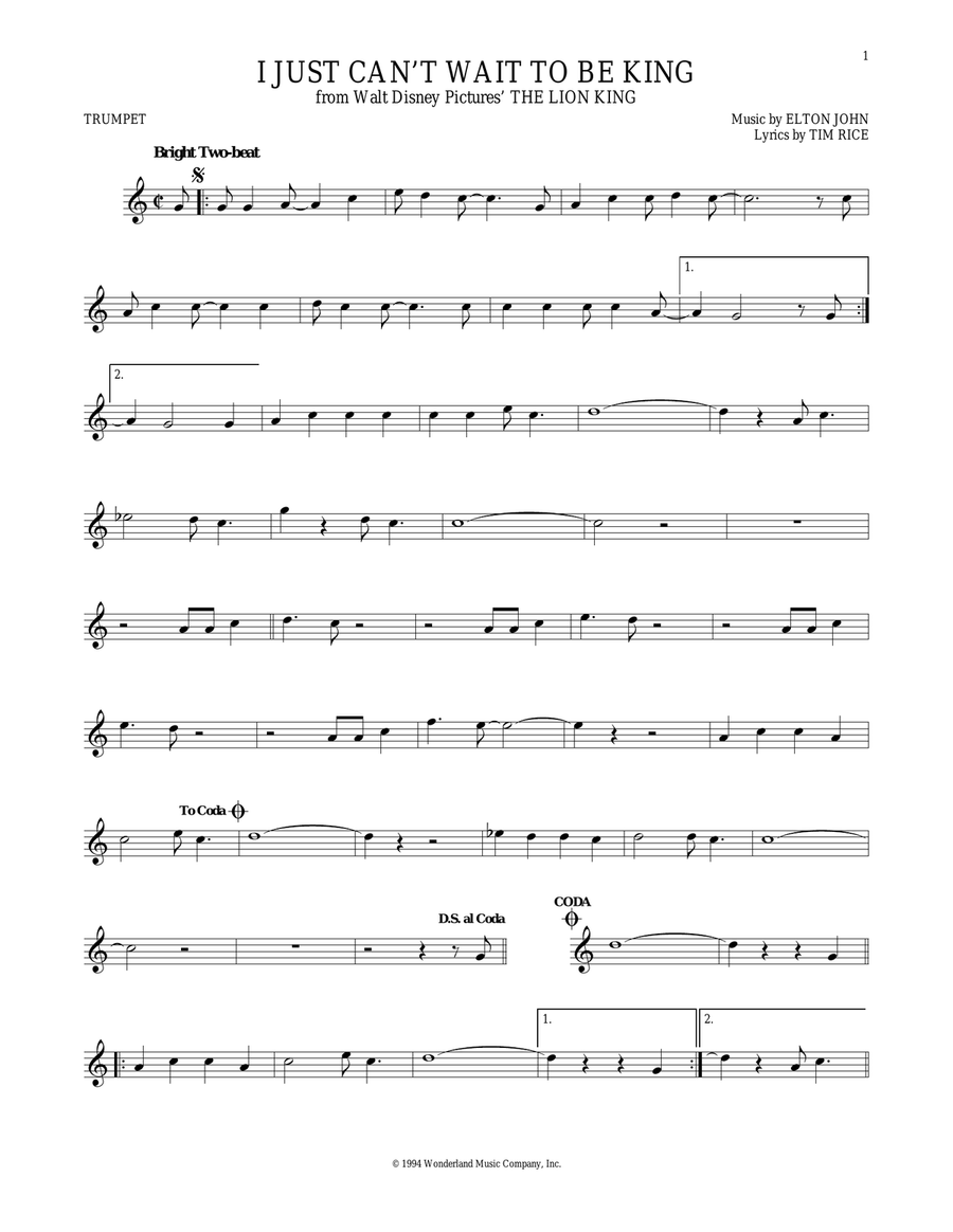 I Just Can't Wait To Be King (from The Lion King) Trumpet Solo scores gallery preview page 1