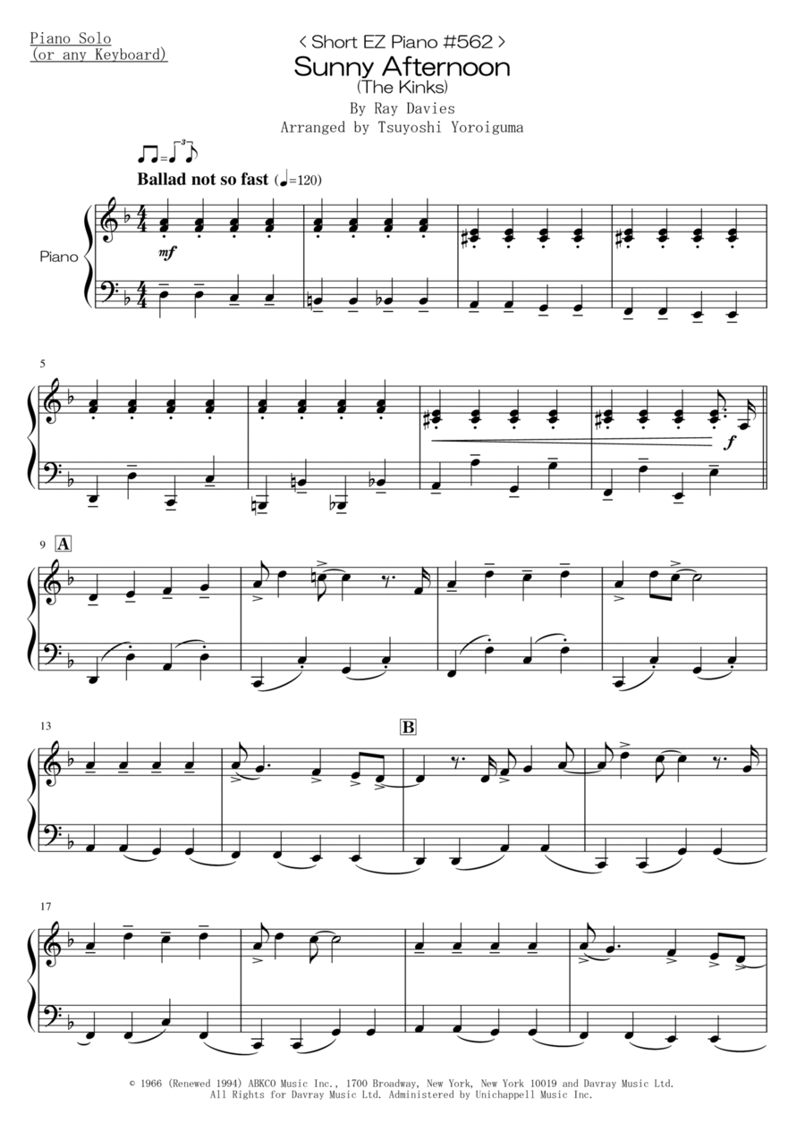 Sunny Afternoon Easy Piano scores gallery preview page 1