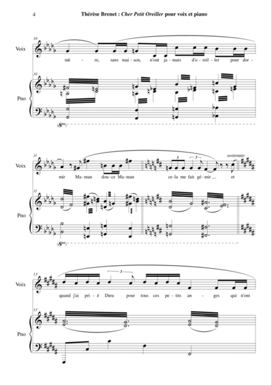 Therese Brenet : Cher Petit Oreiller for medium voice and piano Medium Voice scores gallery preview page 4