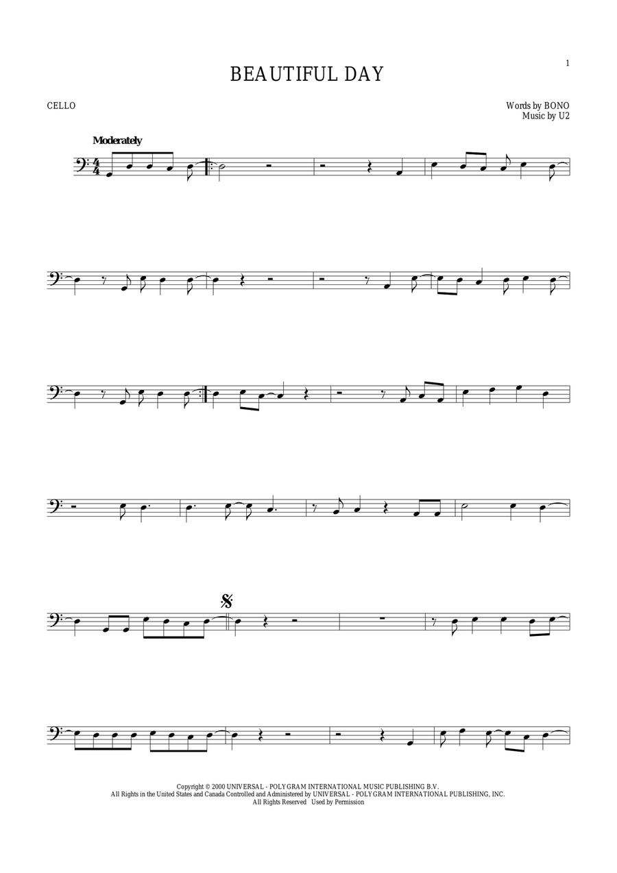 Beautiful Day Cello Solo scores gallery preview page 1