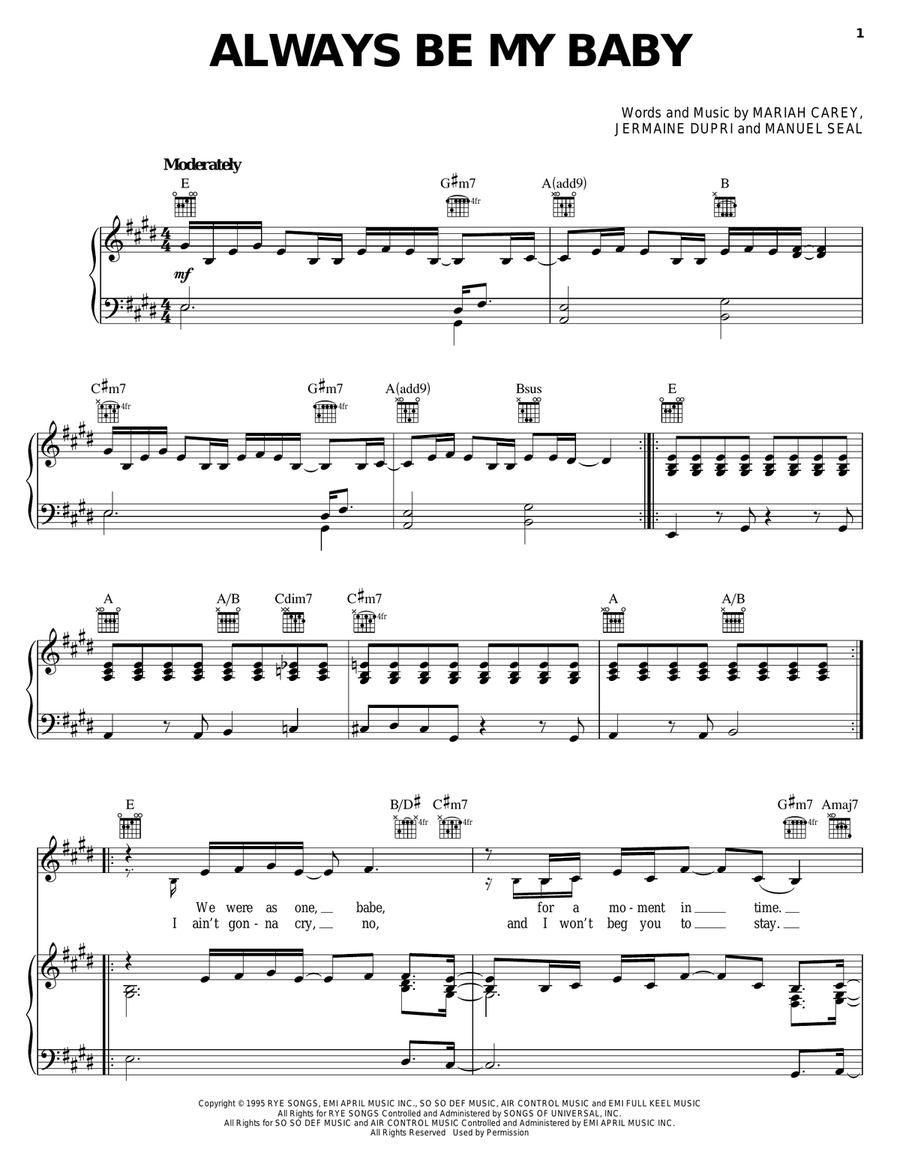 Always Be My Baby Piano, Vocal, Guitar scores gallery preview page 1