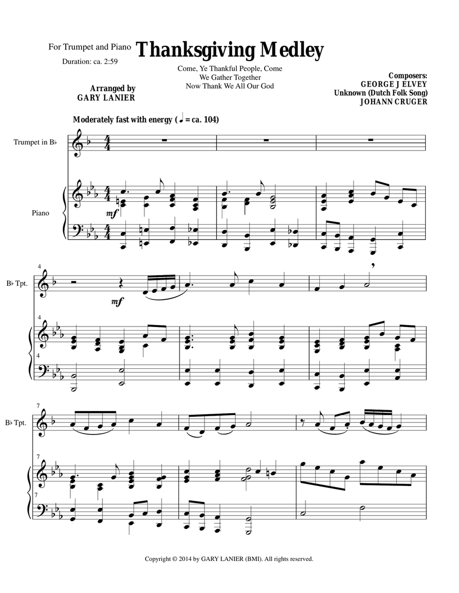 THANKSGIVING MEDLEY (Bb Trumpet/Piano with Trumpet Part) B-Flat Trumpet scores gallery preview page 1